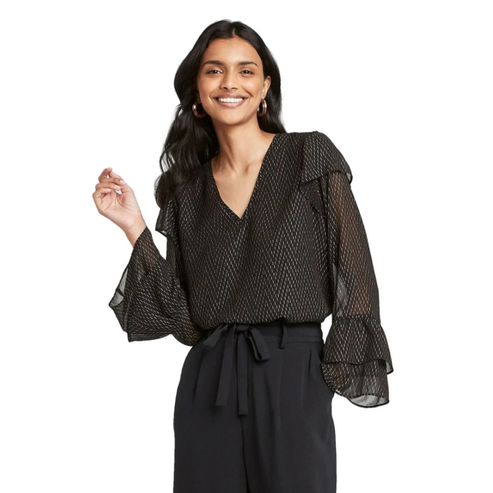 A New Day Black and Gold Ruffled Long V-Neck Sleeve Blouse - Picture 3 of 12